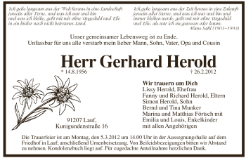 Traueranzeige von Gerhard Herold von Pegnitz-Zeitung